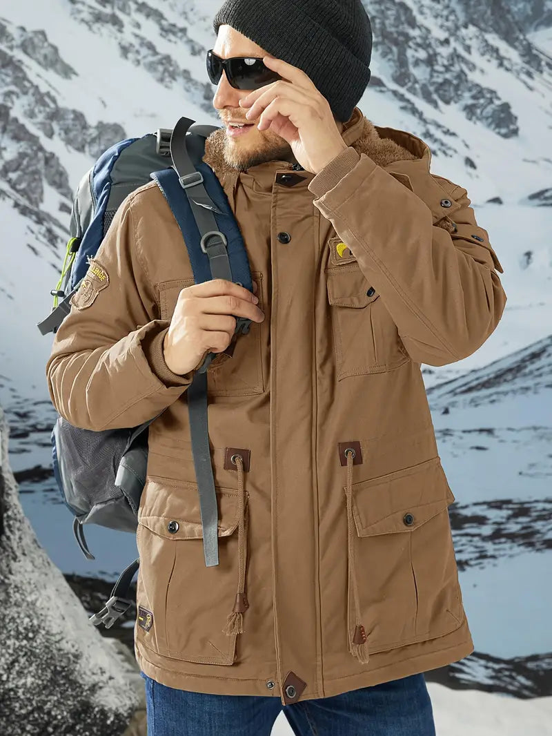 Men's Winter Cargo Jacket - Fleece-Lined, Water-Resistant, Windproof