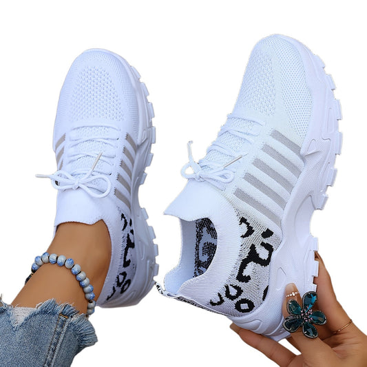 Women's Casual Sports Shoes, Flying Woven Leopard Print Breathable Lace-up Running Shoes, Comfortable Platform Shoes Plus Size