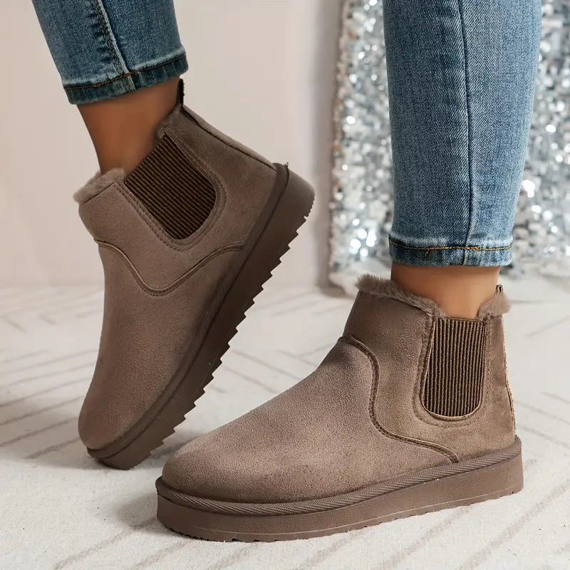 Women's Solid Color Short Boots, Casual Slip On Plush Lined Boots, Comfortable Winter Boots