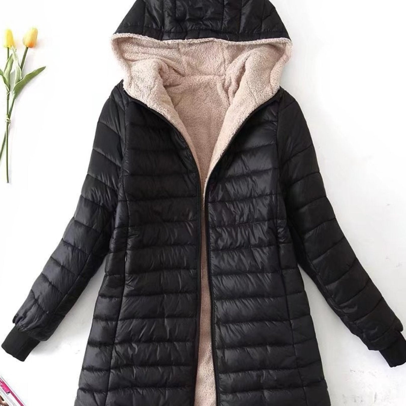 Women's Winter Casual Puffer Coat Solid Color Long Sleeve Zip Up Lightweight Long Hooded Jacket