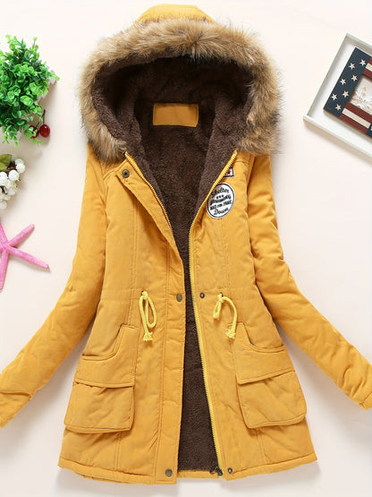 Winter Warmth Hooded Jacket - Thick Fleece-Lined, Zip-Up, Casual Cargo Style with Large Fur Collar, Machine Washable