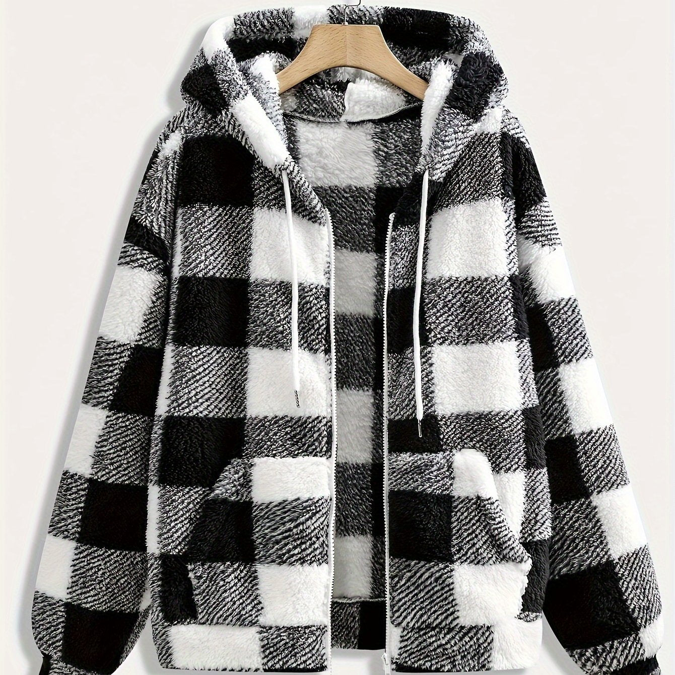 Women'S Casual Plaid Zippered Hooded Coat, 95% Polyester 5% Elastane, Knit Fabric, Fall/Winter Fashion Outerwear