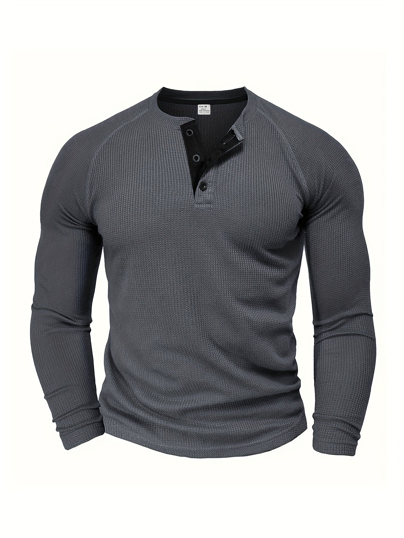 Men's Solid Henley Shirt, Long Sleeve, Crew Neck, Half Button