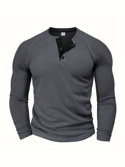 Men's Solid Henley Shirt, Long Sleeve, Crew Neck, Half Button