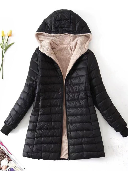 Women's Winter Casual Puffer Coat Solid Color Long Sleeve Zip Up Lightweight Long Hooded Jacket