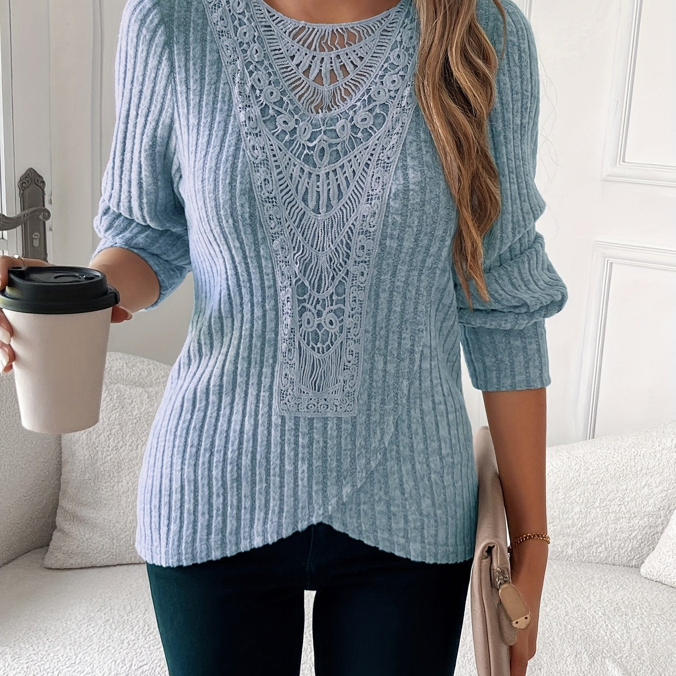 Lace Splicing Crew Neck T-shirt, Long Sleeve Cross Front Top.