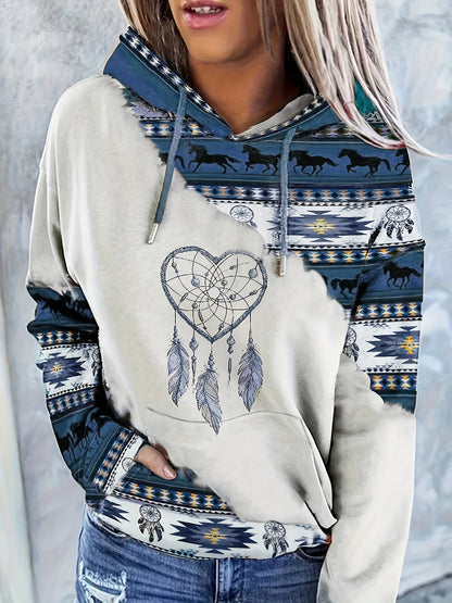 1pc Vintage Bohemian Dreamcatcher Print Women'S Hoodie, Casual Round Neck Pullover with Drawstring, Polyester Knit Fabric, Geometric Pattern, All Seasons