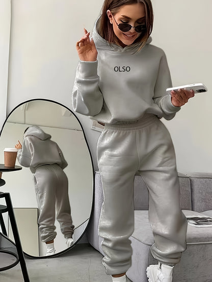 Casual Two-piece Set, Letter Print Long Sleeve Hooded Sweatshirt & Elastic Waist Sweatpants Outfits - Women's Clothing - Soft & Comfortable Fabric - Perfect for Loungewear, Casual Wear & Homewear - Ideal Gift for Women