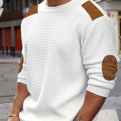 Men's Casual Waffle-Knit Color Block Sweatshirt - Long Sleeve, Round Neck, Embroidered Detail, Machine Washable, for Autumn, Spring