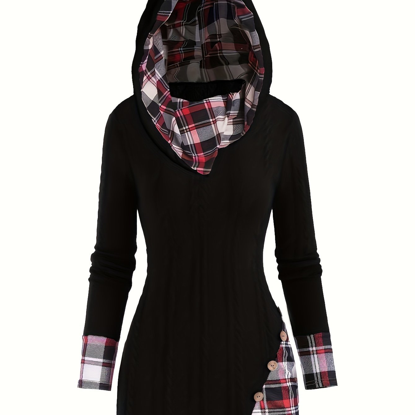 Plaid Splicing Button Decor Cable Hooded Sweater, Casual Long Sleeve Sweater, Women's Clothing