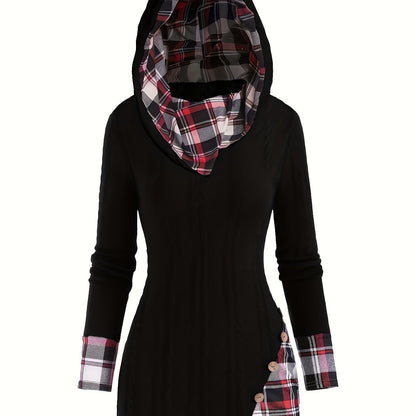 Plaid Cable Knit Hooded Sweater, Button Detail, Casual Long Sleeve