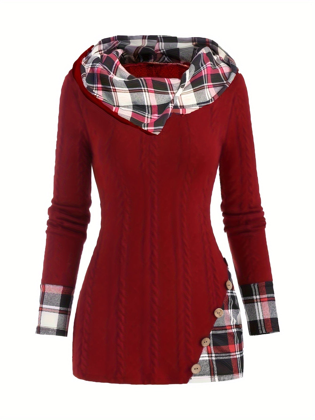 Plaid Splicing Button Decor Cable Hooded Sweater, Casual Long Sleeve Sweater, Women's Clothing