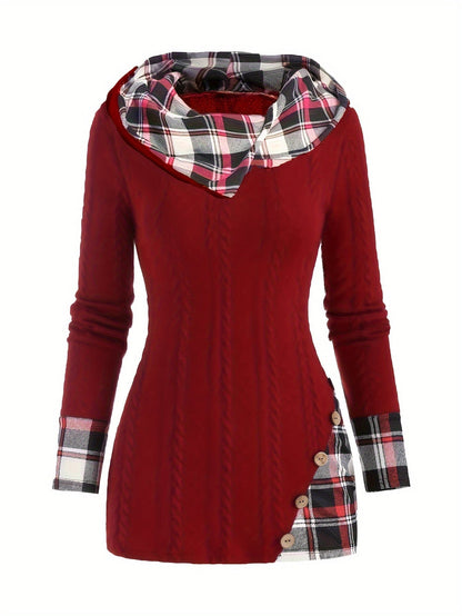 Plaid Cable Knit Hooded Sweater, Button Detail, Casual Long Sleeve