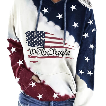 American Flag Print Drawstring Hoodie, Casual Long Sleeve Kangaroo Pocket Sweatshirt, Women's Clothing