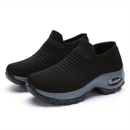 Women's Knit Sneakers - Breathable, Slip-On, Air Cushion, Comfortable for Running & Walking