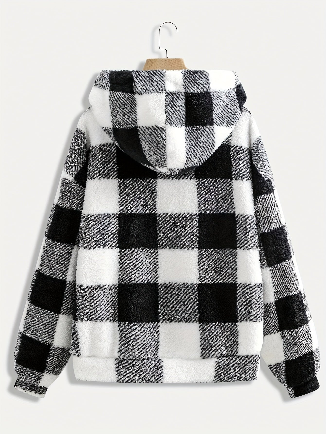 Women'S Casual Plaid Zippered Hooded Coat, 95% Polyester 5% Elastane, Knit Fabric, Fall/Winter Fashion Outerwear