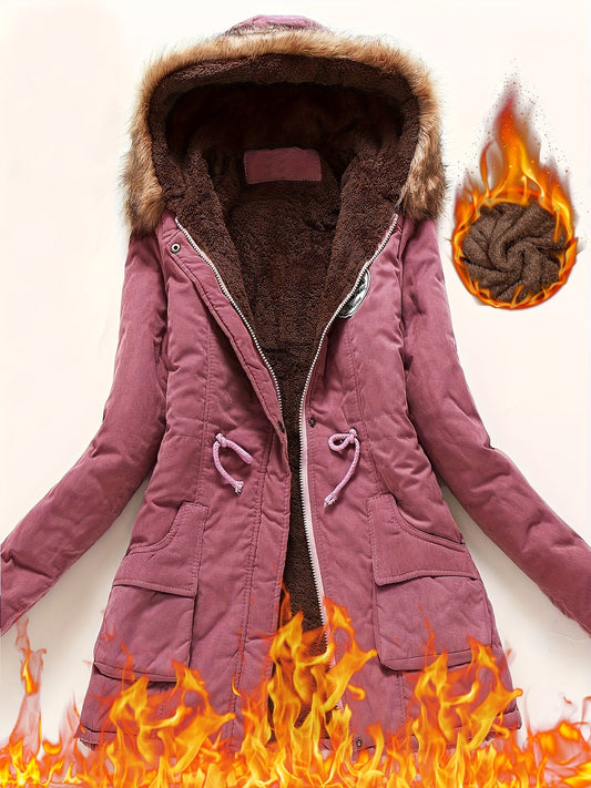 Winter Warmth Hooded Jacket - Thick Fleece-Lined, Zip-Up, Casual Cargo Style with Large Fur Collar, Machine Washable