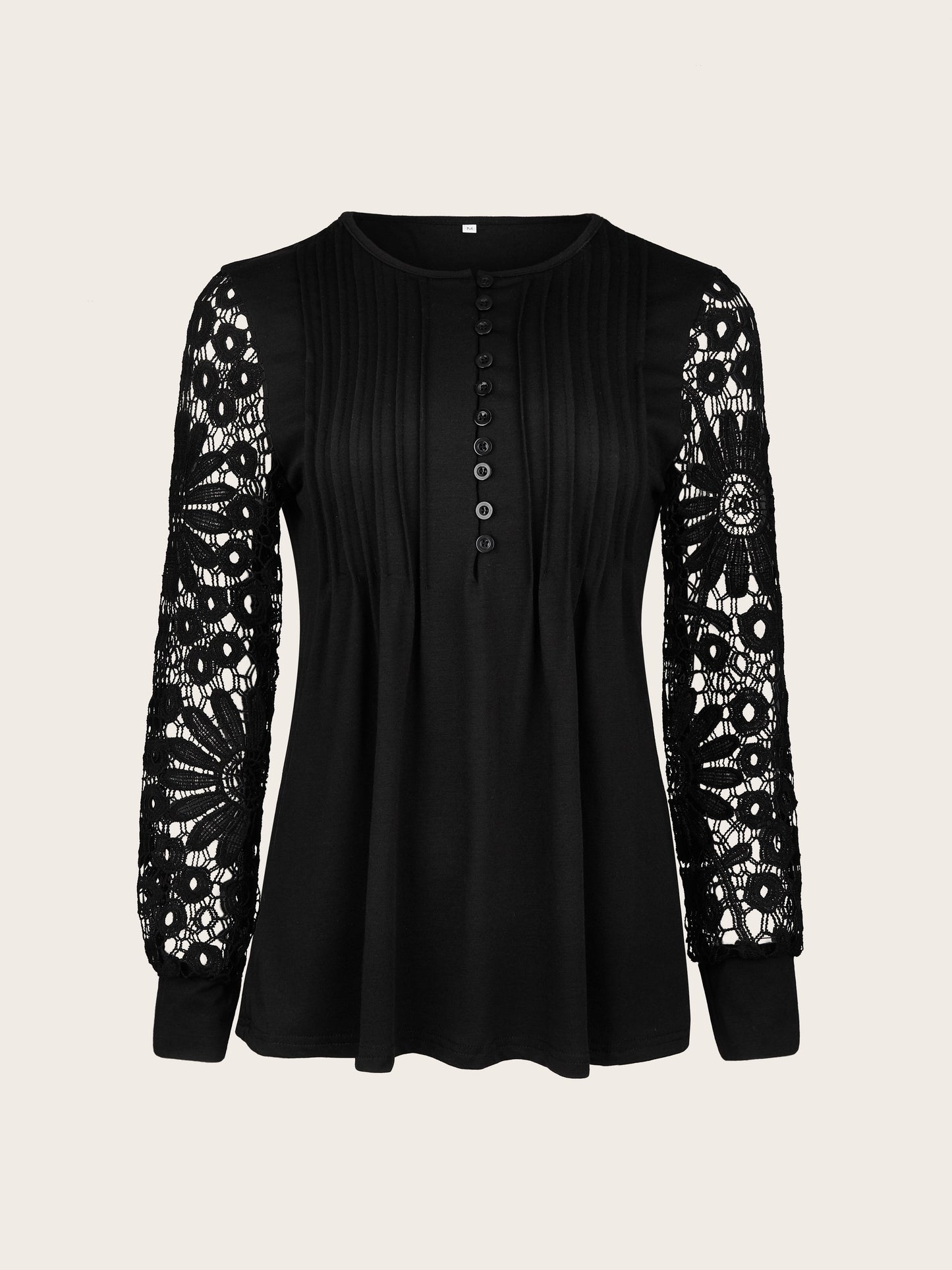 Lace Contrast Pleated Front T-Shirt, Button V-Neck, Casual Long Sleeve Top.