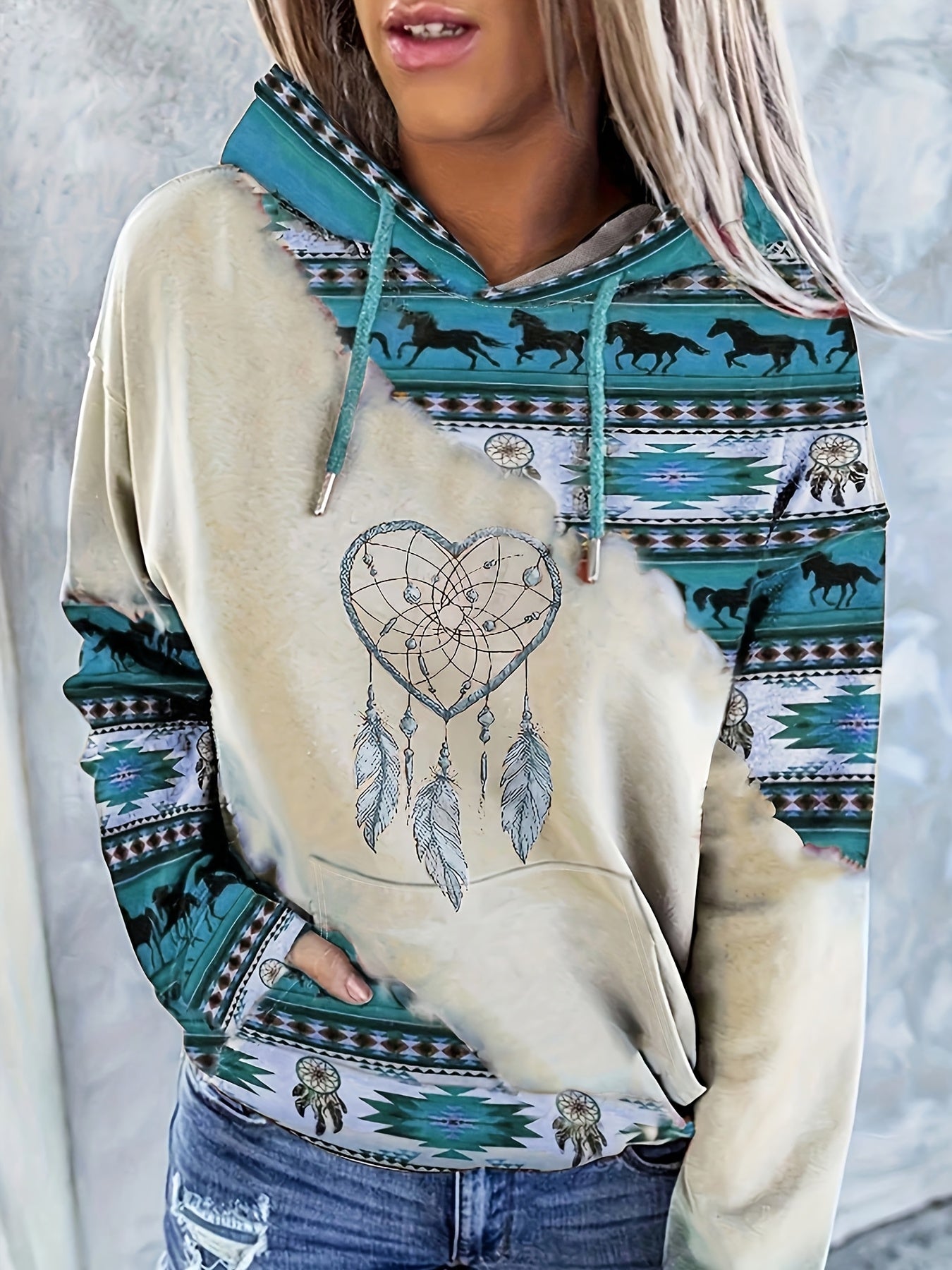 1pc Vintage Bohemian Dreamcatcher Print Women'S Hoodie, Casual Round Neck Pullover with Drawstring, Polyester Knit Fabric, Geometric Pattern, All Seasons