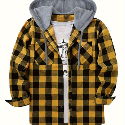 Plaid Shirt Coat For Men Long Sleeve Casual Regular Fit Button Up Hooded Shirts Jacket