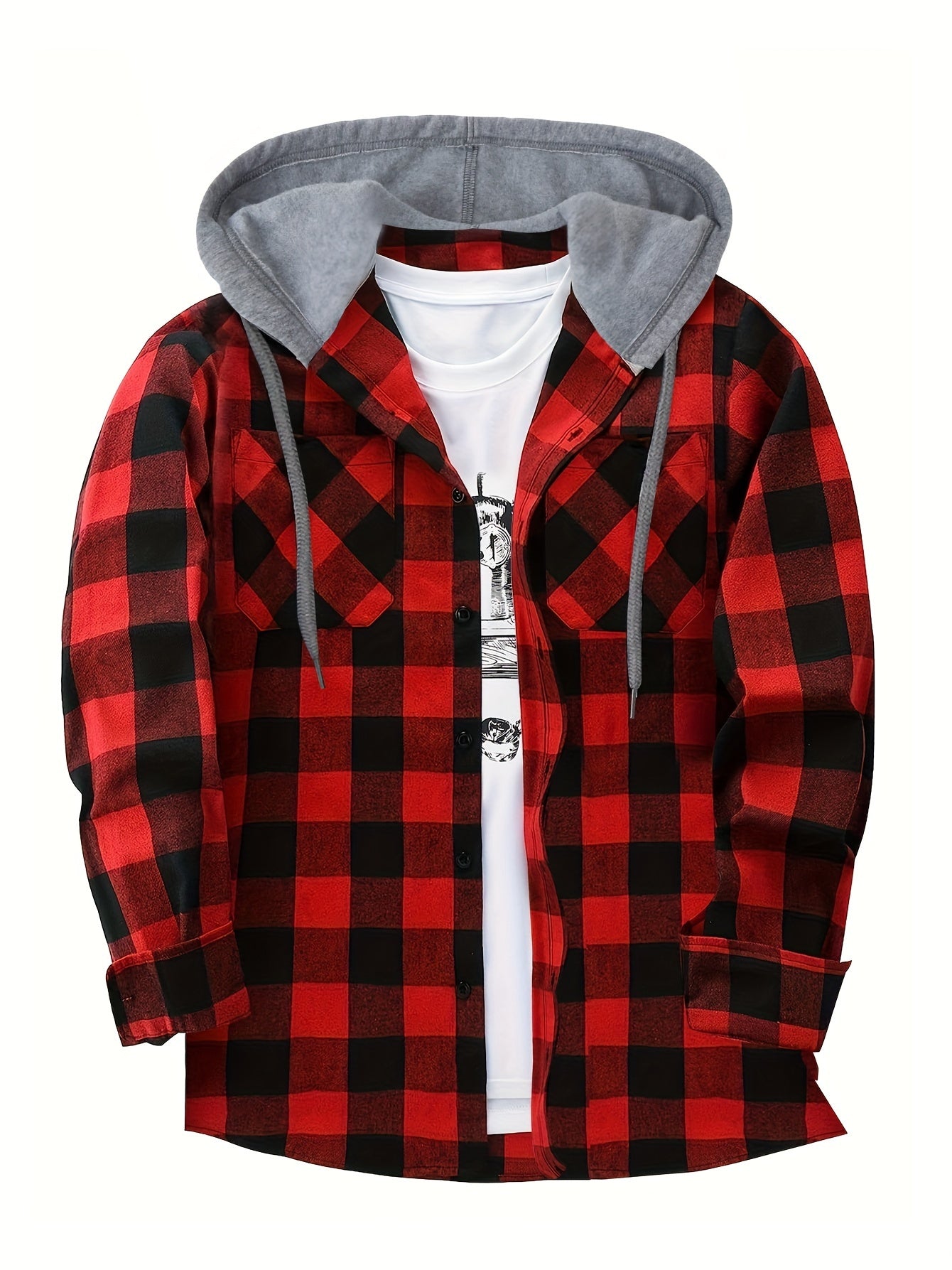 Plaid Shirt Coat For Men Long Sleeve Casual Regular Fit Button Up Hooded Shirts Jacket