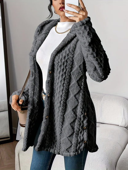 Beige Quilted Faux Fur Hooded Cardigan, Cozy Button Front Outerwear