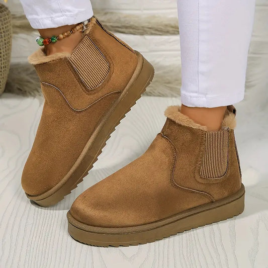 Women's Solid Color Short Boots, Casual Slip On Plush Lined Boots, Comfortable Winter Boots