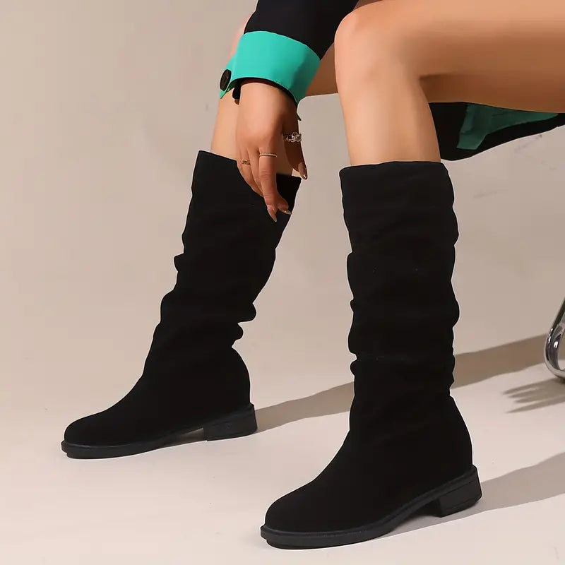 Women's Slouchy Mid Calf Boots - Round Toe, Comfortable Pull-On Shoes