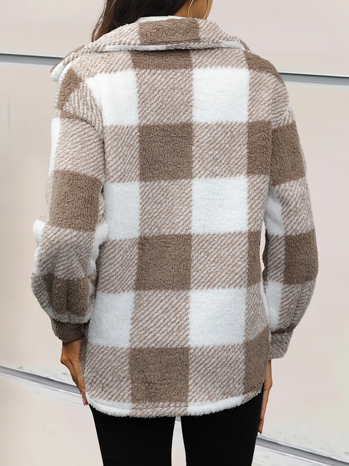 Plaid Fuzzy Coat, Button Front, Long Sleeve, Warm Fall/Winter Outerwear