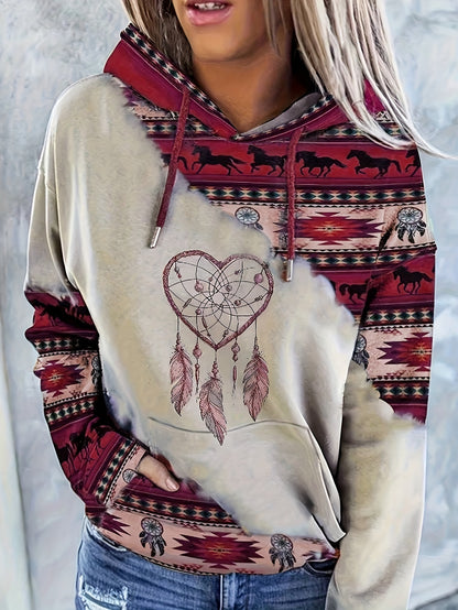 1pc Vintage Bohemian Dreamcatcher Print Women'S Hoodie, Casual Round Neck Pullover with Drawstring, Polyester Knit Fabric, Geometric Pattern, All Seasons