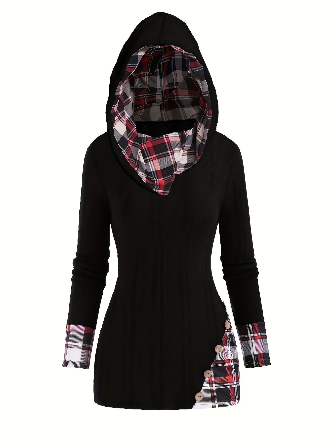 Plaid Splicing Button Decor Cable Hooded Sweater, Casual Long Sleeve Sweater, Women's Clothing