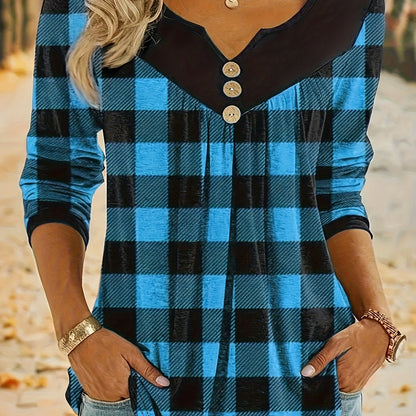 Festive Black & White Plaid Print V-Neck T-Shirt for Women - Boho Style with Button Detail, Long Sleeves, Polyester, Machine Washable - Ideal for Fall