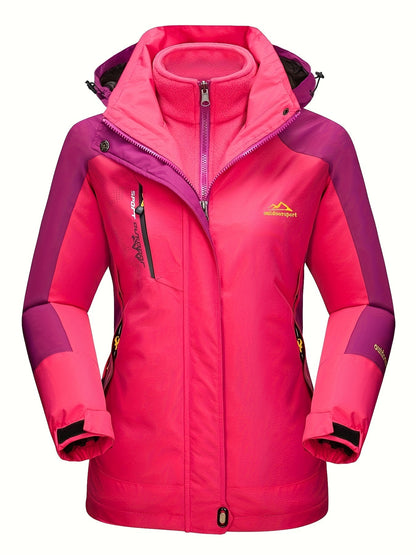 Women'S 3-in-1 Winter Coats Snow Ski Jacket Waterproof Fleece Lined Winter Jacket Parka Windproof Hiking Hooded Coat Multi-pocket Winter Camping Parka Wear Resistant Snowboarding Warm Fleece Jacket