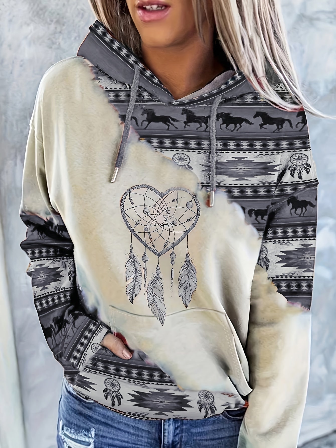 1pc Vintage Bohemian Dreamcatcher Print Women'S Hoodie, Casual Round Neck Pullover with Drawstring, Polyester Knit Fabric, Geometric Pattern, All Seasons