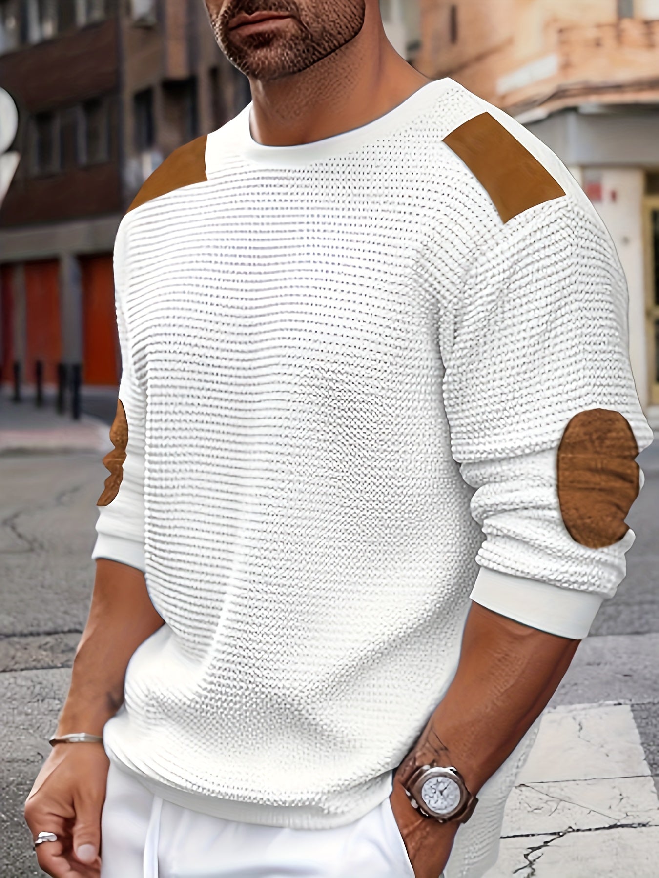 Men's Casual Waffle-Knit Color Block Sweatshirt - Long Sleeve, Round Neck, Embroidered Detail, Machine Washable, for Autumn, Spring