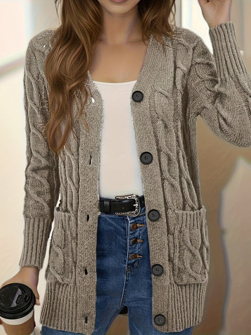 Autumn Warmth, Elegant Women's V-Neck Cardigan - Cozy Polyester Knit, Button Detail, Machine Washable - Perfect for Fall/Winter