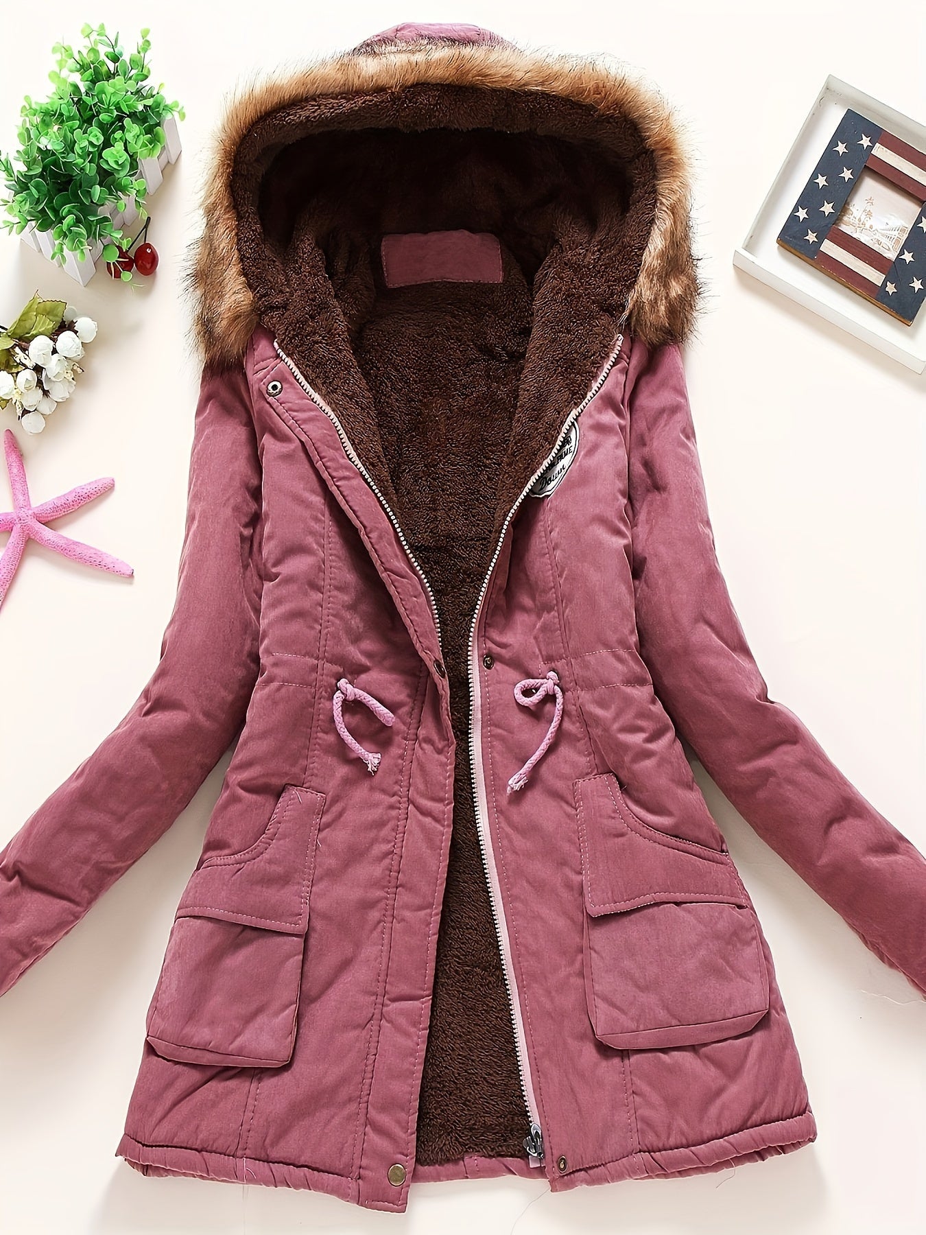 Winter Warmth Hooded Jacket - Thick Fleece-Lined, Zip-Up, Casual Cargo Style with Large Fur Collar, Machine Washable