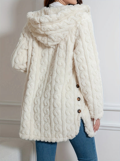 Elegant Knit Fur-Like Coat with Hood and Double Buttons - Adult Size - Spring/Autumn Season - Polyester Fiber Material