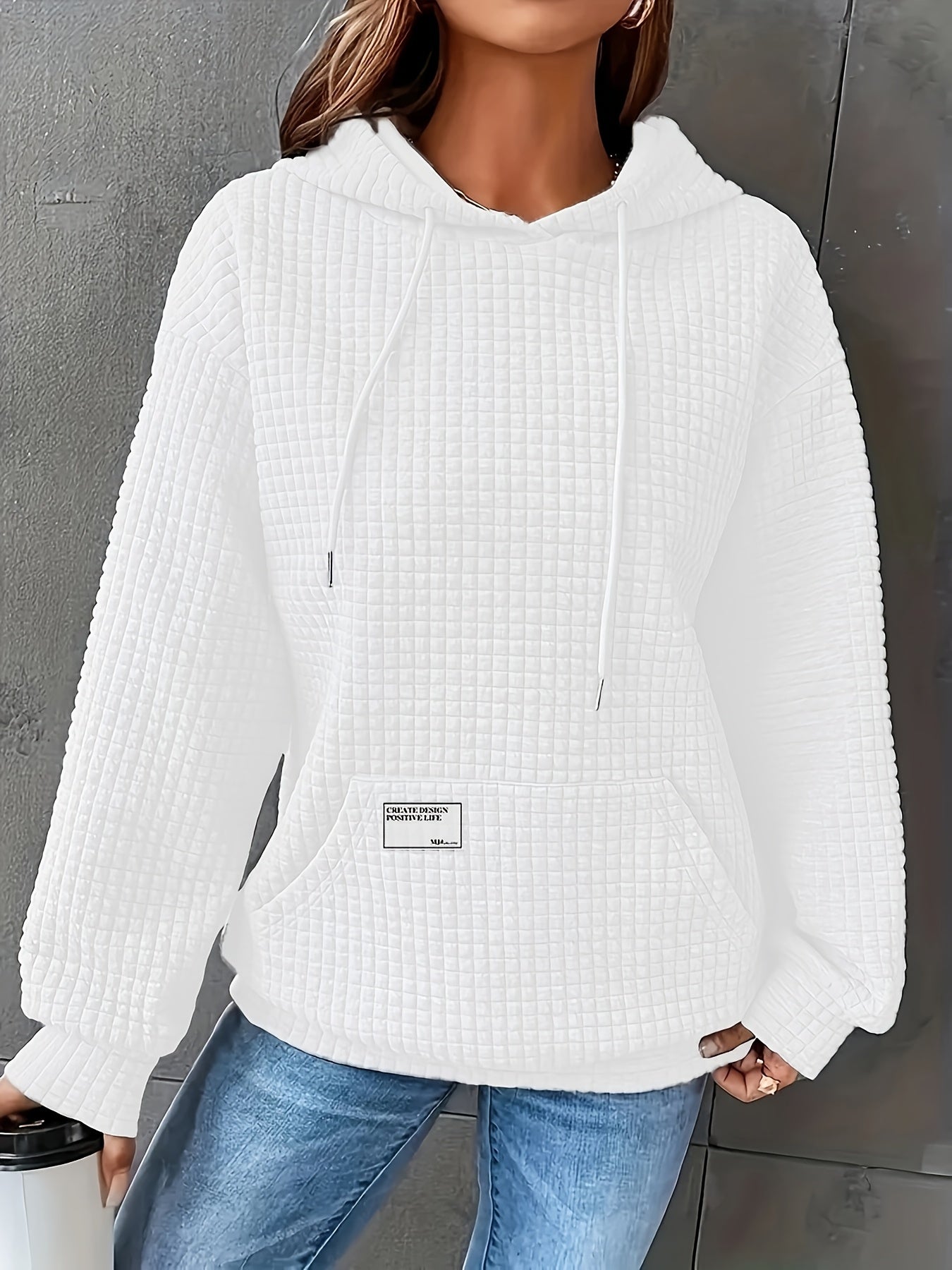 Women's Cozy Waffle Knit Hoodie - Casual Long Sleeve, Solid Color Pullover with Front Pocket & Drawstring Neck, Perfect for Fall/Winter, Polyester, White