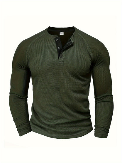 Men's Solid Henley Shirt, Long Sleeve, Crew Neck, Half Button