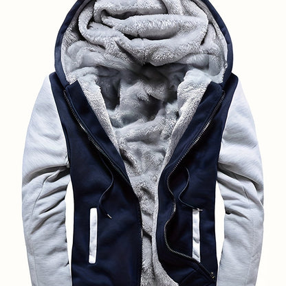 Men's Fleece Hooded Jacket, Casual Color Block Coat for Fall/Winter