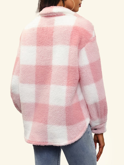 Plaid Pattern Button Front Fuzzy Coat, Elegant Long Sleeve Warm Outerwear For Fall & Winter, Women's Clothing