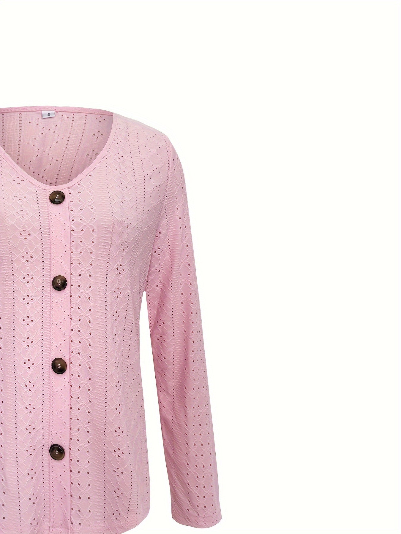 Eyelet Button Front T-Shirt, Casual V-Neck, Long Sleeve for Spring & Fall.