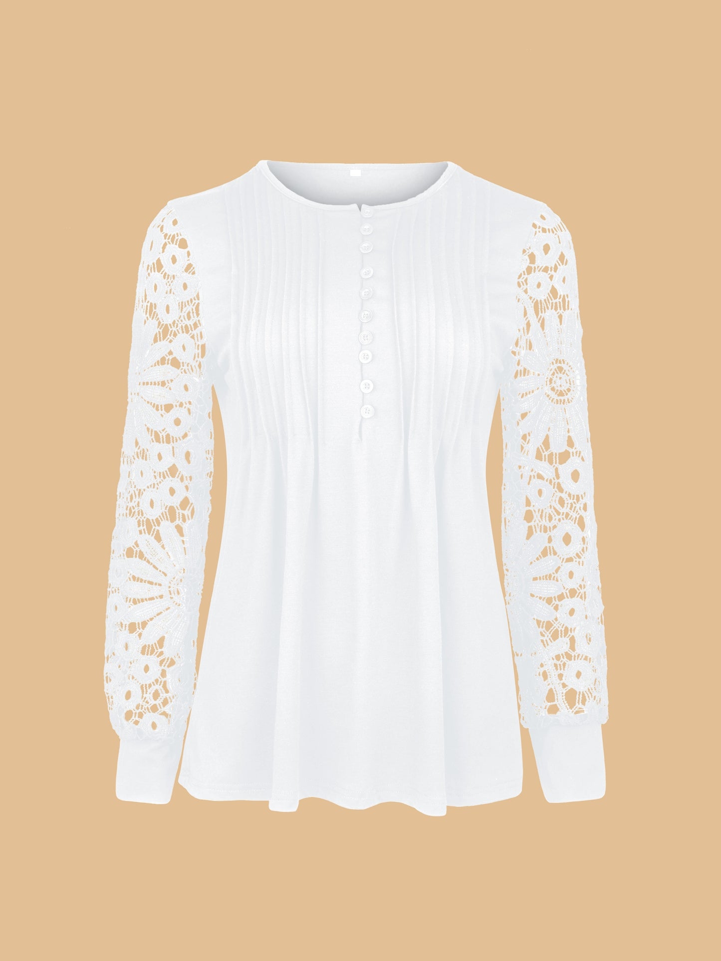 Lace Contrast Pleated Front T-Shirt, Button V-Neck, Casual Long Sleeve Top.