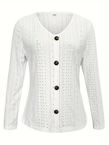 Eyelet Button Front T-Shirt, Casual V-Neck, Long Sleeve for Spring & Fall.