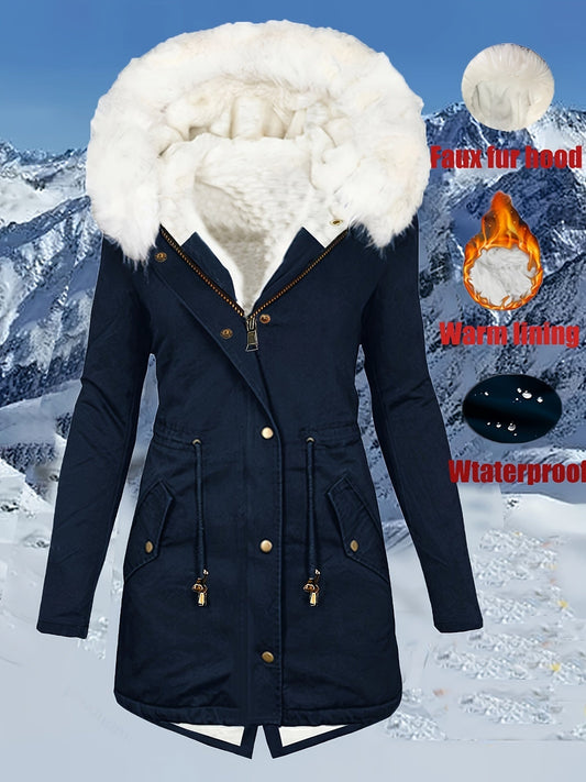 Women's Winter Parka Coat P0838, Long Sleeve, Faux Fur Hood, Waterproof, Polyester, Casual Solid Color, Regular Fit, with Pockets