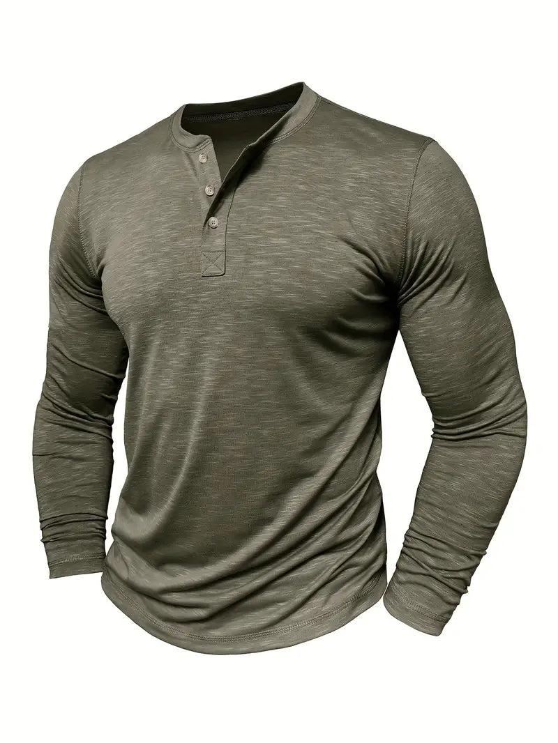 Men's Long Sleeve Henry Collar Bottoming T-shirt Three-Buckle Top